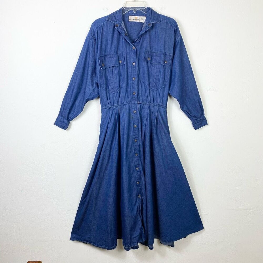 Vintage Liz Claiborne Dark Wash Denim Long Sleeve Button Up A Line Dress Size 4